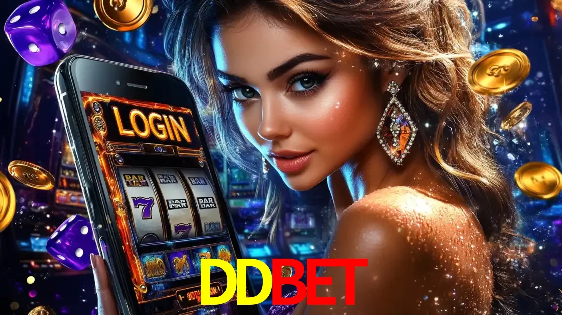 Mulher glamorosa segurando um smartphone com a tela de login para os jogos de caça-níqueis do cassino online DDBET, com moedas de ouro e dados ao redor.