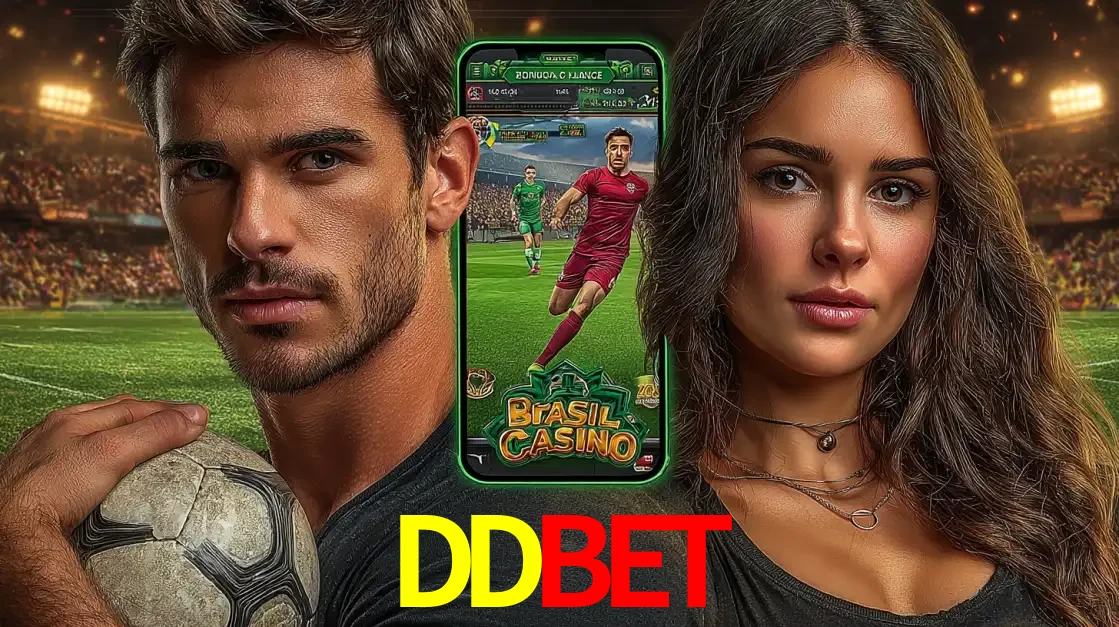 Homem segurando uma bola de futebol e uma mulher ao lado de um smartphone exibindo o jogo de apostas esportivas da DDBET. Faça seu palpite no cassino online.